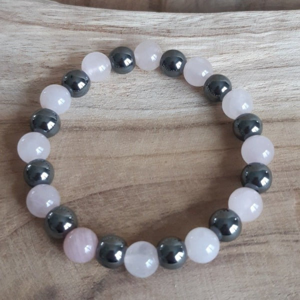 Bracelet Quartz rose et hématite (8mm)