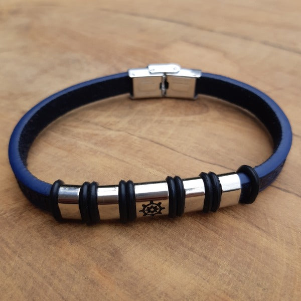 Bracelet cuir bleu marine et acier