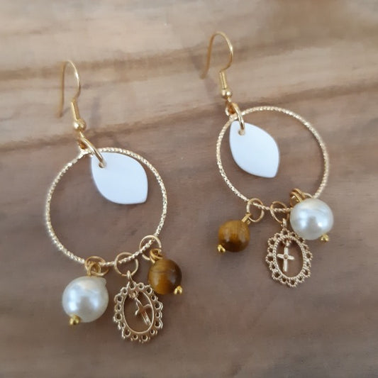 Boucles d'oreilles acier ,nacre ,œil de tigre.
